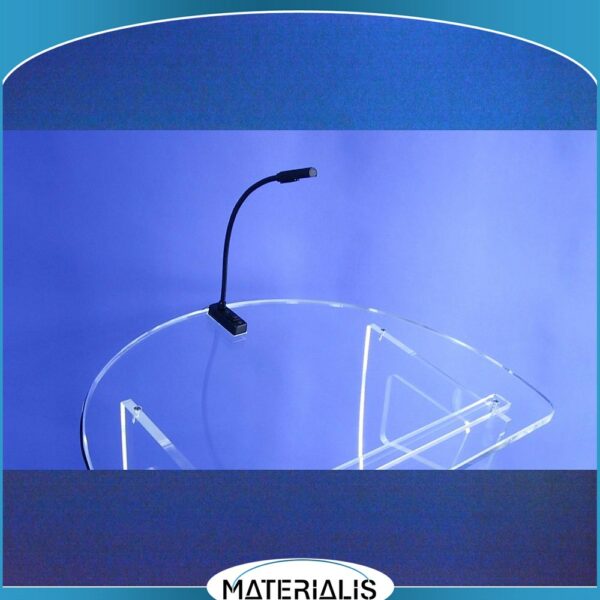 Éclairage LED 12V pour pupitre avec transformateur intégré. 4 LEDs blanches pour forte visibilité, 2 rouges pour discrétion. Idéal en salle sombre.