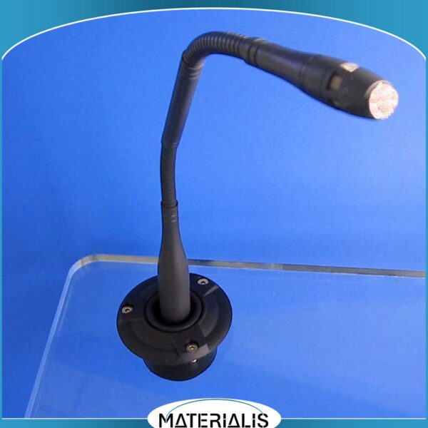 Micro sans fil col de cygne 40 cm avec embase et usinage inclus. Autonomie 4 h, recharge USB, portée 35 m. Excellent rapport qualité-prix pour conférences.