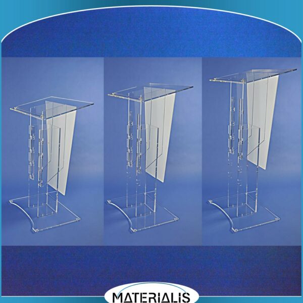 Pupitre en plexiglas réglable sur 3 hauteurs, avec voile dépoli et réglette. Fabriqué en Lorraine, idéal pour les conférences et prises de parole.