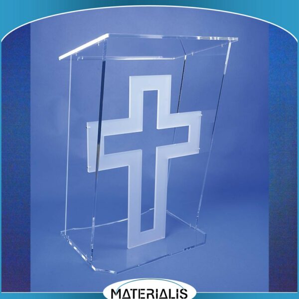 Pupitre d’église en plexiglas épais avec croix givrée. Hauteur réglable (110 à 123 cm), plateau 75×55 cm, structure robuste et élégante. Livré à plat.