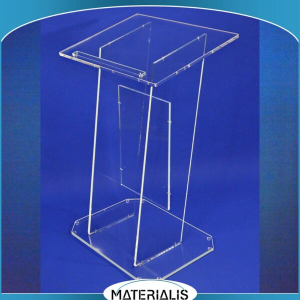 Pupitre emblématique 100 % plexiglas, imposant et robuste. Idéal pour les conférences de haut niveau. Fabriqué en France depuis 1995.