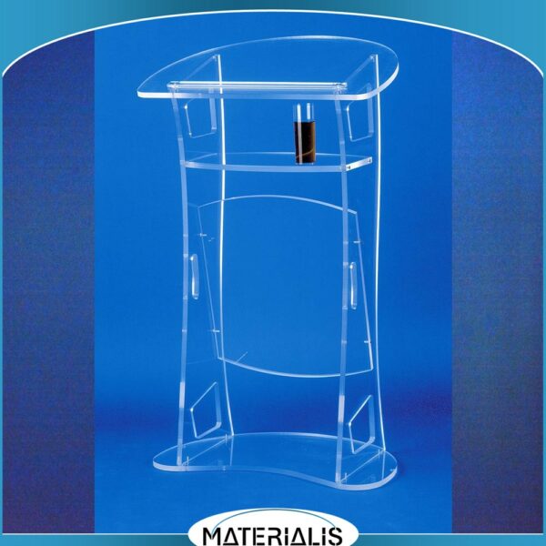 Pupitre de conférence en plexiglas transparent et dépoli, design découpé au laser, stable et élégant. Fabriqué en France, livré monté ou à plat.