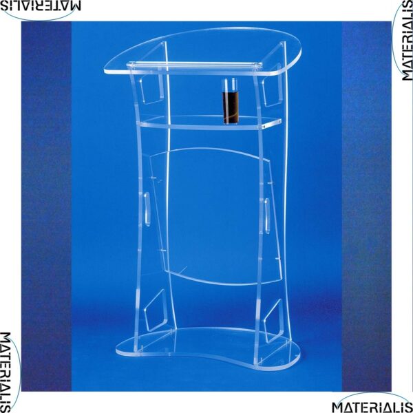 Pupitre de conférence en plexiglas transparent et dépoli, design découpé au laser, stable et élégant. Fabriqué en France, livré monté ou à plat.