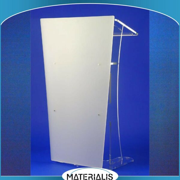 Ce pupitre en plexiglas opale satiné allie sobriété, confort et praticité. Parfait pour les conférences, il masque les câbles et peut être personnalisé en façade.