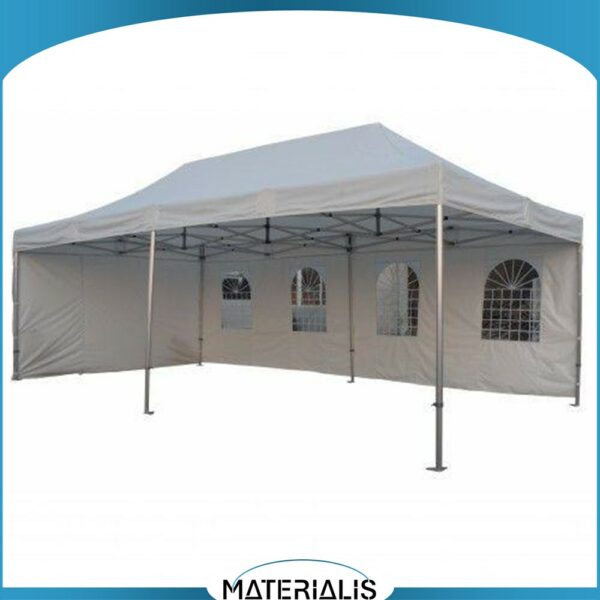 Tente pliante PRO robuste en aluminium, avec toit PVC 520g ou polyester 300g. Classement M2 anti-feu. Livrée avec sac à roulettes + kit d’arrimage.