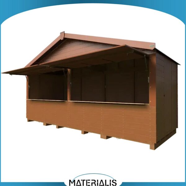 Chalet démontable Gutenberg 6x2m, idéal pour les marchés de Noël. Montage rapide, structure bois traitée, finitions au choix, volet et comptoir inclus.