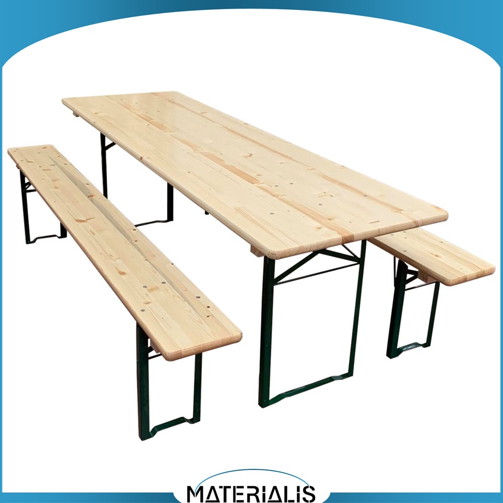 Ensemble brasserie pliant – Table + 2 bancs – Bois massif & piètement cornière