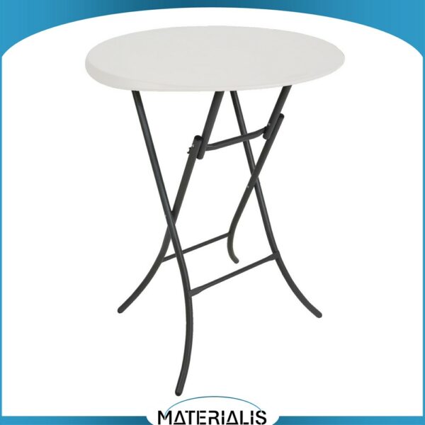 Table pliante mange debout Ø84 cm, hauteur 110 cm. Solide, légère, facile à transporter. Idéale pour cocktails, mariages, cafés. Coloris blanc ou noir. 