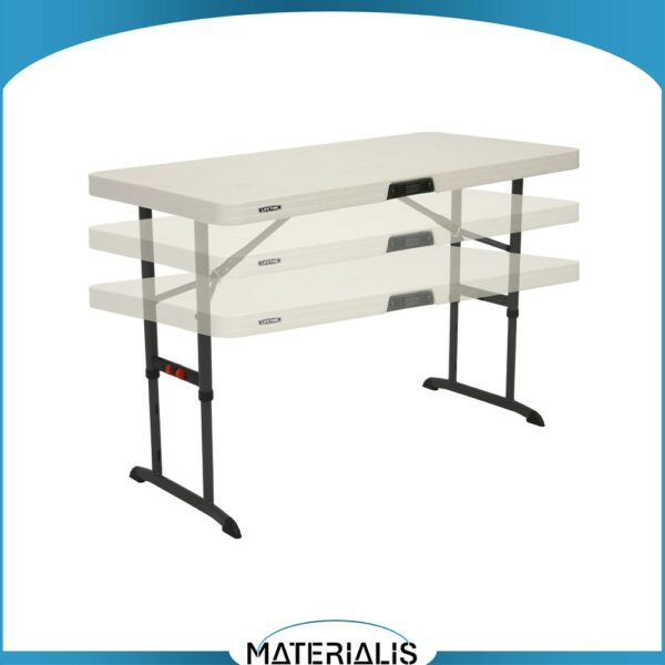 Table pliante professionnelle en HDPE, réglable sur 3 hauteurs, ultra résistante (jusqu’à 500 kg), idéale pour buffets, banquets et réceptions. Normes EN 581.