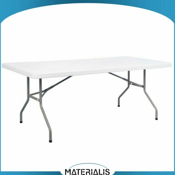 Table pliante en HDPE ultra résistante jusqu’à 500 kg. Structure acier, pliage compact, usage intérieur/extérieur. De 152 à 244 cm. Conforme EN 581.