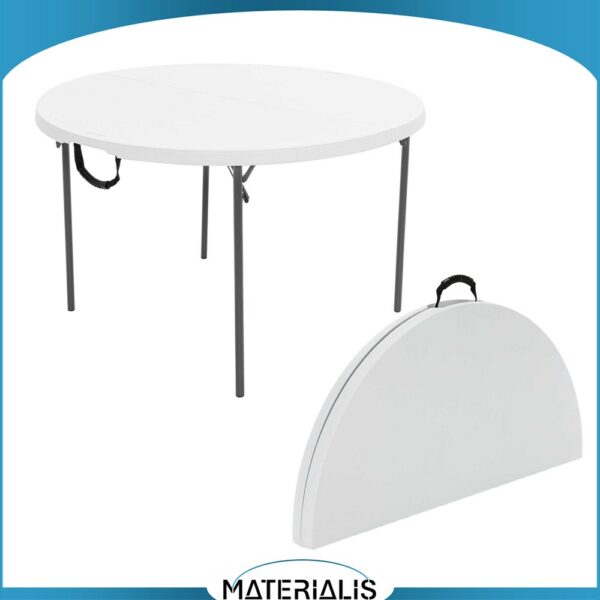 Table ronde pliante 122 cm en HDPE : pliable en deux format valise, robuste, facile à transporter, résistante aux chocs et intempéries. Idéale pour réception.