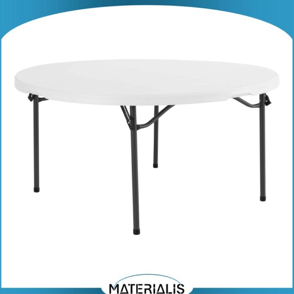 Table pliante ronde Ø122 ou Ø152 cm en HDPE. Ultra résistante, pliable, empilable. Usage intérieur/extérieur. Charge jusqu'à 400 kg. Conforme EN 581.