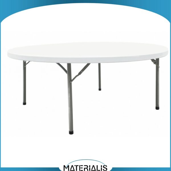 Table ronde pliante Ø152 ou Ø183 cm en HDPE. Robuste, empilable, facile à entretenir. Usage intérieur/extérieur. Charge 300 kg. Conforme EN 581.