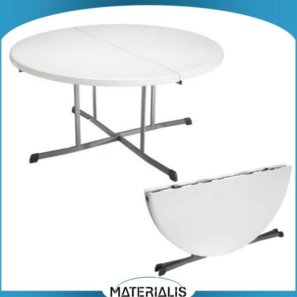 Table ronde pliante 152 cm en HDPE : robuste, pliable en deux format valise, stable, facile à transporter. Pour 6 à 8 personnes. Garantie 10 ans.