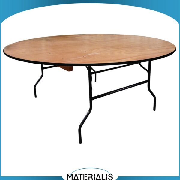 Table pliante ronde en bois Ø152 ou Ø183 cm. Robuste, empilable, stable et esthétique. Idéale pour traiteurs, banquets et réceptions. Charge 200 kg. Garantie 2 ans.